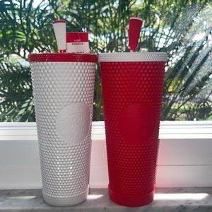 STARBUCKS INDONESIAN INDEPENDENCE DAY SET. RED MATTE,and WHITE BLING STUDDED CUP
